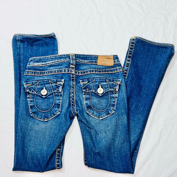 True Religion Joey Super Flared Jeans Women 27W x 30L Twisted Seam Thick Stitch - Picture 4 of 12